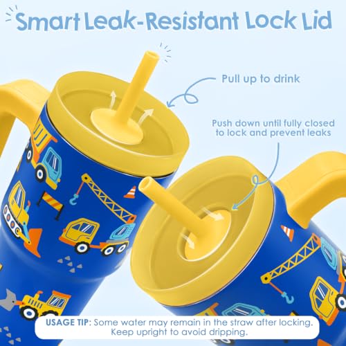 Construction Kids Tumbler 20oz Insulated Stainless Steel Cup with Handle & Silicone Straw Lid - Gift Idea for Boys & Girls