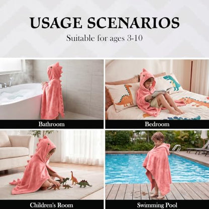 Kids Dinosaur Hooded Towel Pink Fleece Poncho for Bath & Pool