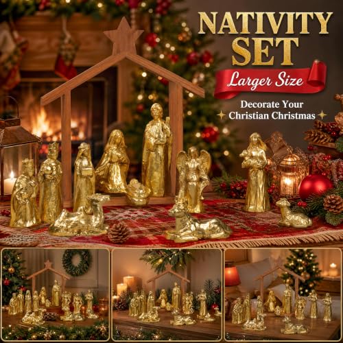 Gold 12-Piece Nativity Scene Set with Stable - Religious Christmas Decoration
