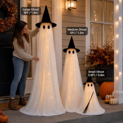 Halloween Outdoor Lighted Ghost Family 3 Pack with Timer & Remote - L+M+S