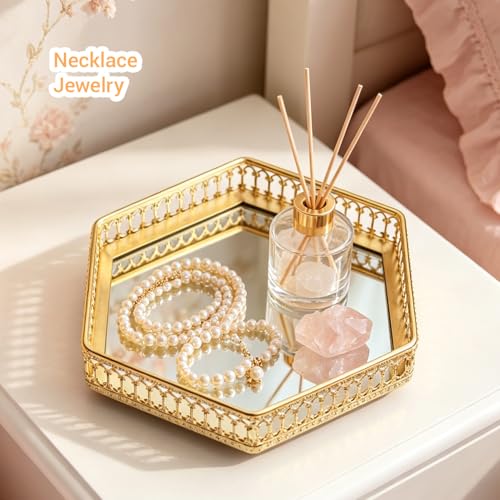Gold Hexagonal Perfume Tray with Mirror, Acrylic & Metal Vanity Organizer - 10.6" x 6"