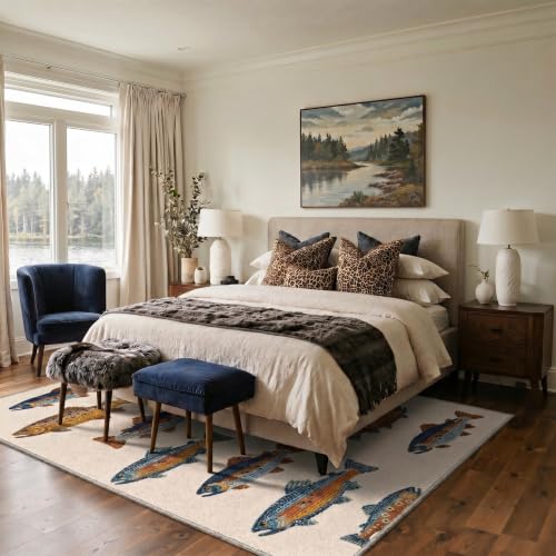 Fishing Runner Rug 2x5ft - Washable Colorful Trout Pattern Floor Mat