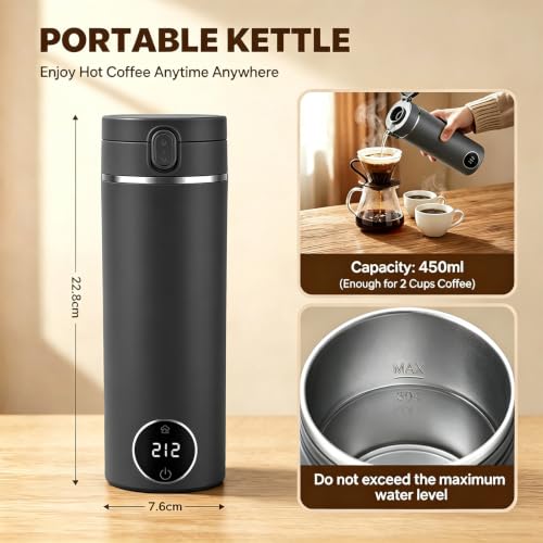 Portable Electric Travel Kettle 6 Temp Settings 304 Stainless Steel 450ml Grey
