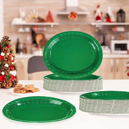 Green Oval Paper Plates 50 Pack - Large 12x10 Inch for Parties & Holidays