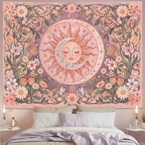 Pink Sun and Moon Boho Tapestry 48x36 Inch - Vintage Floral Wall Hanging