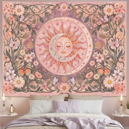 Pink Sun and Moon Boho Tapestry 48x36 Inch - Vintage Floral Wall Hanging