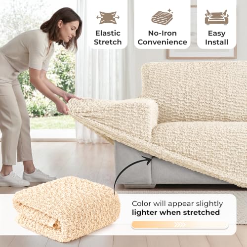 Stretch Ottoman Slipcover - Cream Large Bi-Elastic Foot Stool Cover for Square or Rectangle Pouf