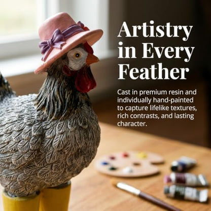 Rain Boots Hen Chicken Figurine Resin Farmhouse Kitchen Decor, 7.4 Inches