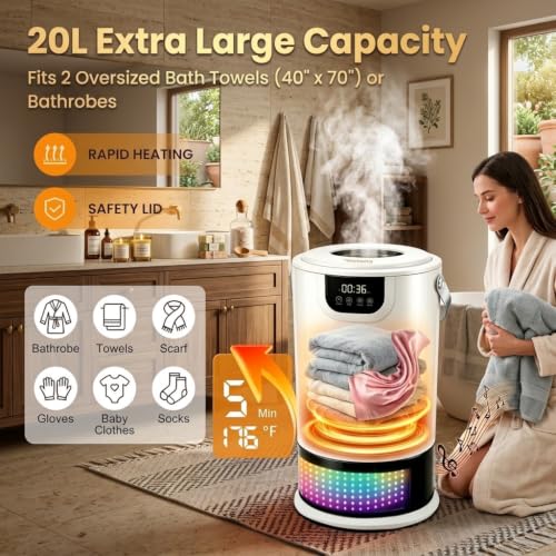 White Towel Warmer Bucket with Wireless Speaker - Fast Heating Bathroom Accessory