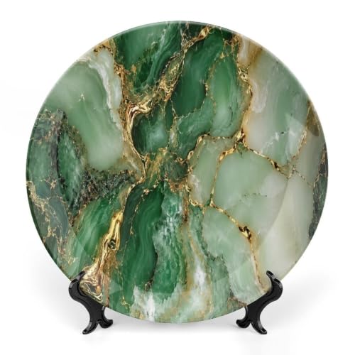 Emerald Marble Ceramic Decorative Plate with Gold Veins - 10 Inch Wall & Table Display