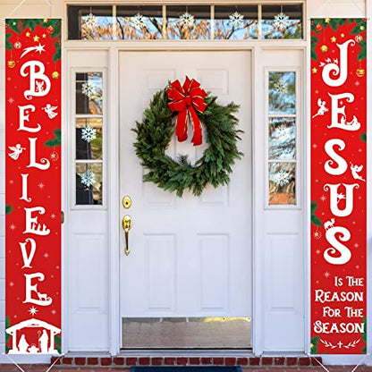 Religious Christmas Porch Banner - Nativity Scene Believe Jesus Tree