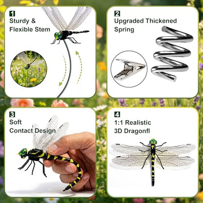 12 Pack Realistic 3D Dragonfly Garden Clips - Decorative Yard & Outdoor Decor