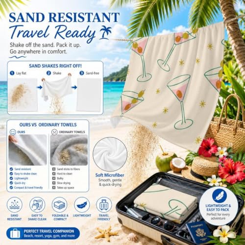 Martini Cocktail Chic Microfiber Beach Towel - Oversized 32x52in, Quick Dry Sand-Free Travel Towel