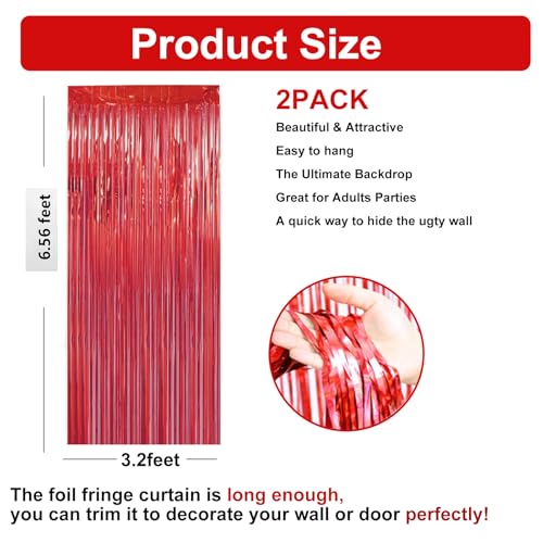Red Tinsel Curtain Party Backdrop - 3.28 ft x 6.56 ft Metallic Fringe for Events
