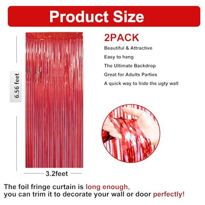Red Tinsel Curtain Party Backdrop - 3.28 ft x 6.56 ft Metallic Fringe for Events
