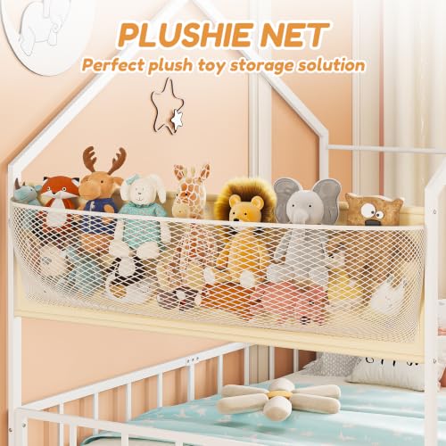 Timy Metal House Bed Frame Full Kids Floor Bed with Plushie Storage Net - White