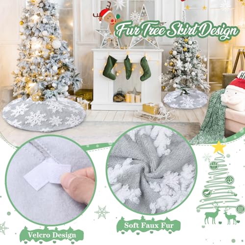 Gray 48 Inch Faux Fur Christmas Tree Skirt Snowflake Decor Large Holiday Cover