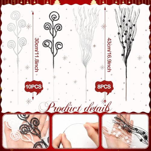 Christmas Tree Picks Sprays Set - Black & White Glitter 17" & 12"