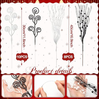Christmas Tree Picks Sprays Set - Black & White Glitter 17" & 12"