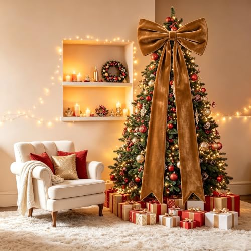 Brown Velvet Christmas Tree Topper Bow Set - 13 Pcs Holiday Decor