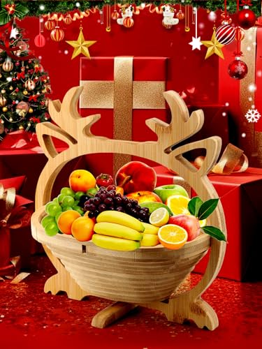 Christmas Elk Wooden Fruit Basket with Handle - Foldable Holiday Decor