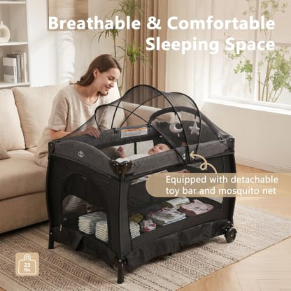 Kinder King Portable Pack and Play Baby Playard with Bassinet - Light Grey