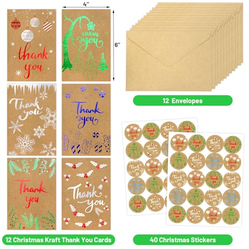 Christmas Thank You Cards with Envelopes 12 Pack Kraft Blank Holiday Greeting Cards