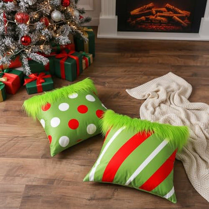 Christmas Green Faux Fur Pillow Covers Set - 18x18 Inches, Vivid