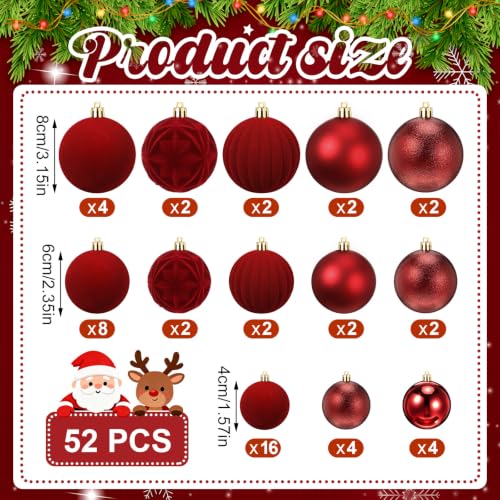 52 Pcs Velvet Christmas Ball Ornaments Set - Burgundy Flocked Holiday Decorations