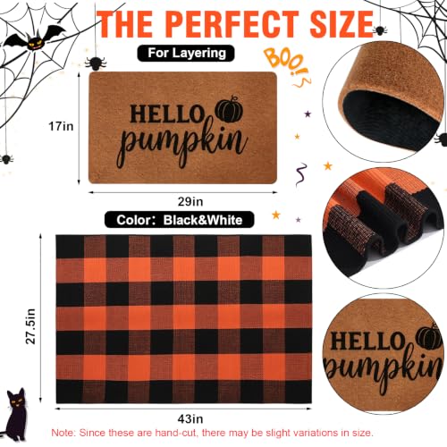 Halloween Door Mat Set with Pumpkin Coir & Orange Black Plaid - Fall Porch Decor