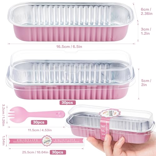 Pink Disposable Mini Loaf Pans with Lids & Spoons 30 Pack - 6.8oz Baking Tins