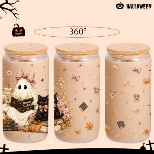 Halloween Glass Cup with Lid & Straw - Ghostbook Design, 16oz Book Lover Gift