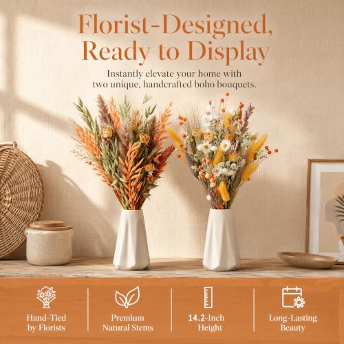 Orange Dried Flower Bouquets - Handmade Boho Floral Arrangement Set of 2