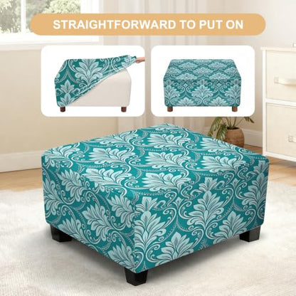 Stretch Square Ottoman Cover with Nonslip Bottom - Blue Damask Plant, Large