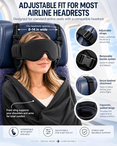 Travel Pillow with Eye Mask - Adjustable Support for Airplane Headrest