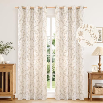 LAMIT Beige Leaf Pattern Linen Curtains 52W x 84L Set - Living Room