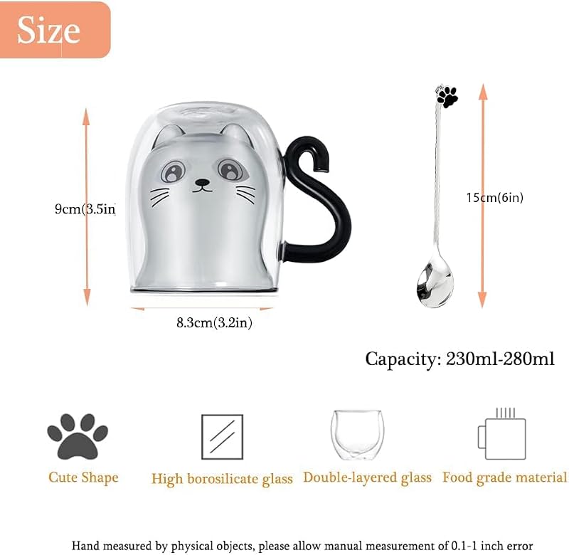 Black Cat Mug - Cute Double Walled Coffee Tea Cup with Handle - Halloween Gift for Cat Lovers (Black Variation)