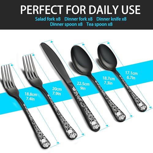 Skull Silverware Set for 8 - 40-Piece Gothic Flatware Cutlery, Halloween Party Decor