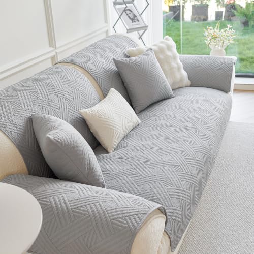 Cotton Quilted Non-Slip Couch Cover for Sofa - Grey, 43.3x94.5 Inches - Pet & Furniture Protector