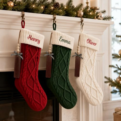 Personalized White Christmas Stocking with Cable Knit & Embroidered Name - Holiday Decor