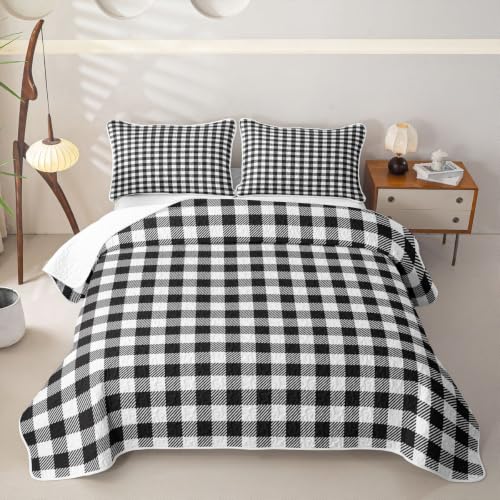 Black White Grid Quilt Set Twin Size with Pillowcase Kids Bedroom Decor
