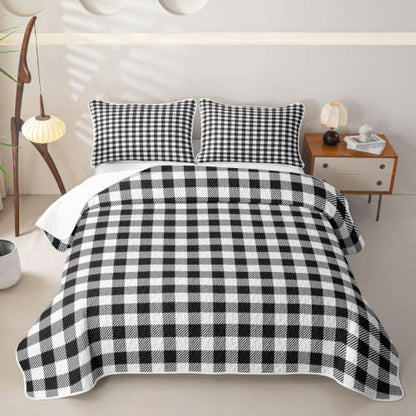 Black White Grid Quilt Set Twin Size with Pillowcase Kids Bedroom Decor