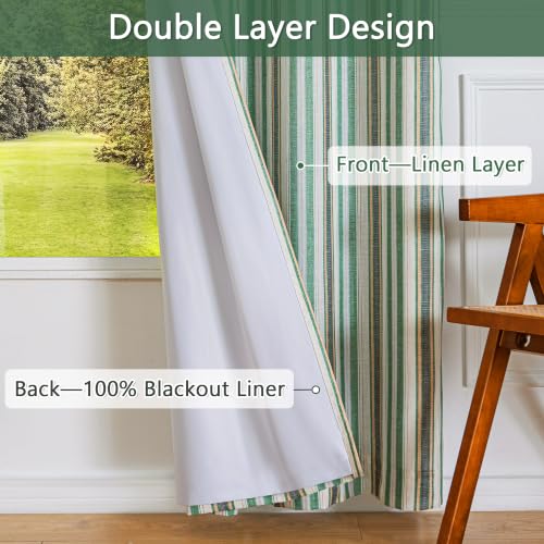Blackout Linen Curtains 52W x 84L Green Striped 2 Panels - Thermal Insulated