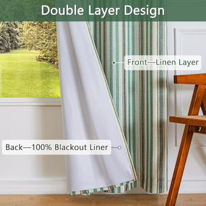 Blackout Linen Curtains 52W x 84L Green Striped 2 Panels - Thermal Insulated