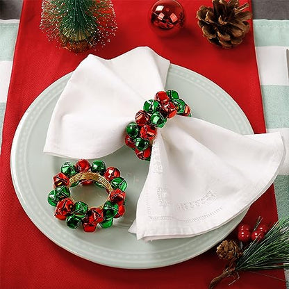 Christmas Bell Napkin Rings Set of 6 - Green and Red Metal Buckle Decoration