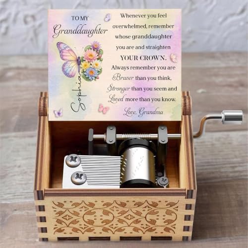 Personalized Granddaughter Music Box - Birth Month Butterfly Keepsake from Grandma, Custom Engraved Gift for Adult