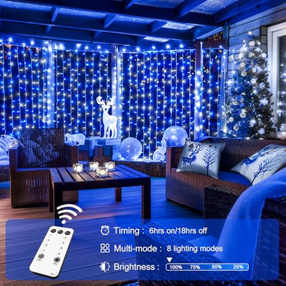 Blue and White Christmas Curtain Lights 300 LEDs 9.8x9.8ft with Remote