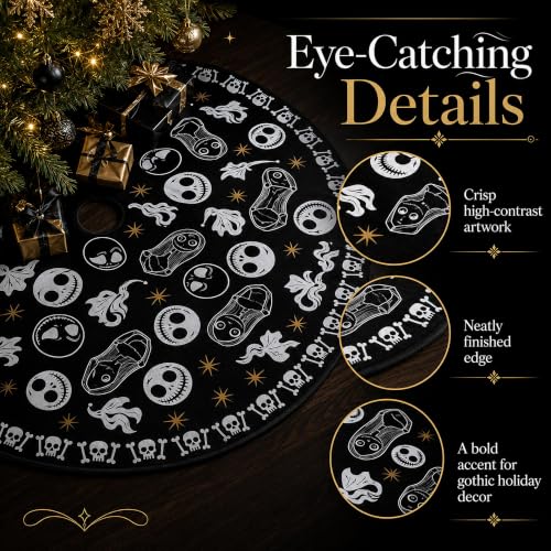 Gothic Christmas Tree Skirt 48 Inch Round Skull Face Black Holiday Decor