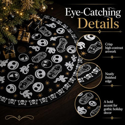 Gothic Christmas Tree Skirt 48 Inch Round Skull Face Black Holiday Decor