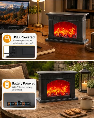 Black Fireplace Lantern with Realistic Flame Effect - Decorative Faux Fire Lamp